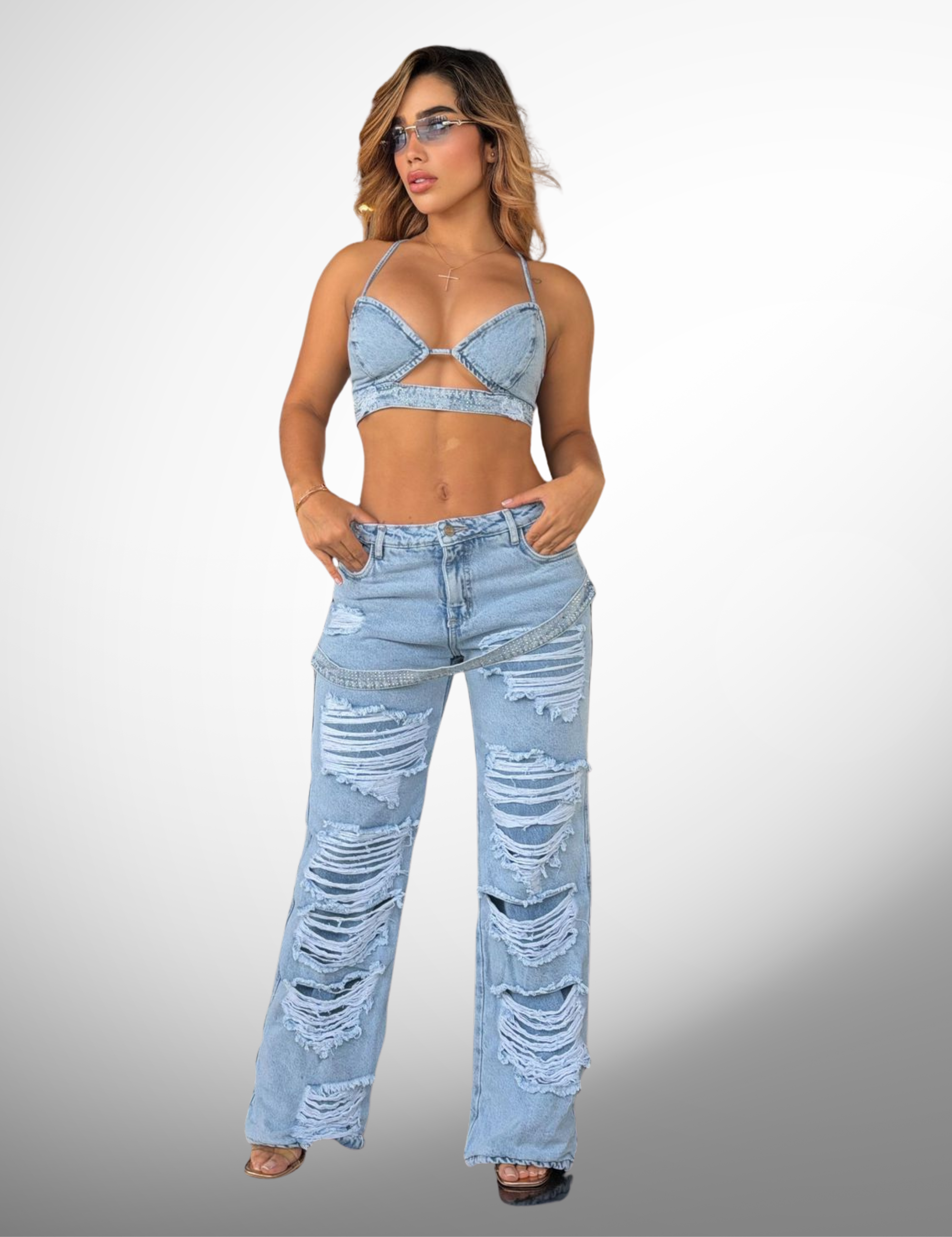 Set palazzo crop top con pedrería